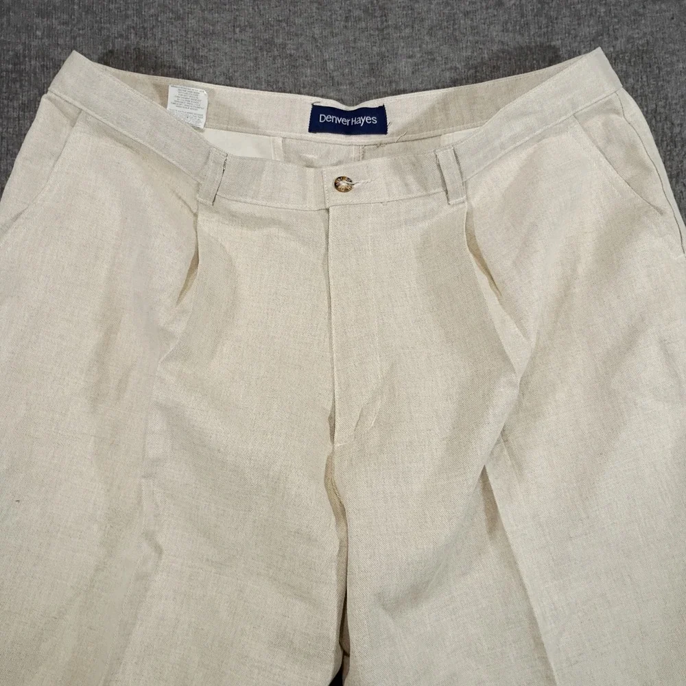Vintage Denver Hayes Linen Pleated Trousers Pants Mens 40x32 Beige CANADA MADE